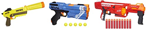 Image of Nerf Mega Rotofury Blaster - 10-Dart Rotating Drum - Pump Action Blasting - Includes 10 Mega Darts & Fortnite SP-L Elite Dart Blaster, 6 Elite Darts (Multicolour) & Rival Kronos XVIII-500 (Blue)