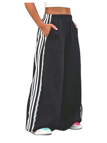 MakeMeChic Girl's Lace Striped Wide Leg Sweatpants Elastic Waist Athletic Baggy Pants
