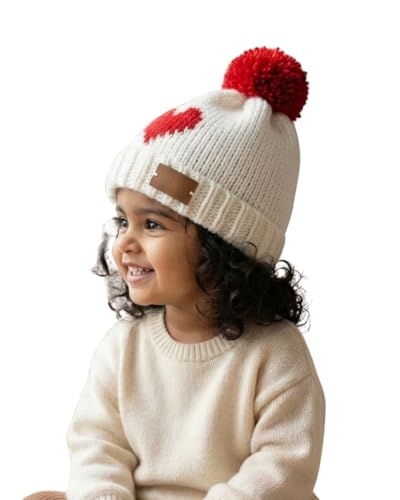Image of Handmade Knitted Self Design Woolen Beanie Cap for Kids - White & Red 6-12 M | Winter Cap for Baby | FUNCAP56-6-12 M