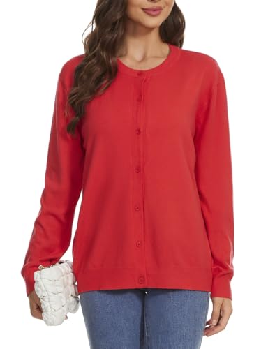 Image of Womens Cardigan Sweaters Basic Button Down Casual Dressy Classic Crewneck Long Sleeve Spring Outfits (S-2XL)