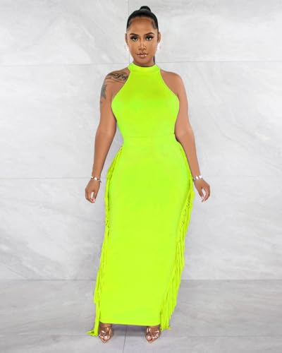 Image of 2 Piece Outfits for Women Sexy Halter Neck Sleeveless Crop Tops Ruched Bodycon Dresses Jumpsuits Fringe Skirt Sets