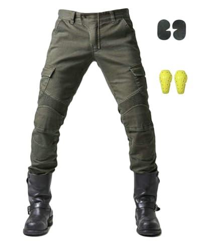 GOBIWM Jeans da moto da uomo con fodera protettiva, pantaloni da moto con 2 paia di protezioni, Verde, M