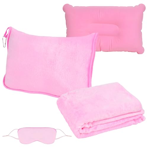 WEFHEF Juego de Mantas de Viaje, Incluye Manta de Viajes para Avión 2 en 1 de 152 x 127 cm, Almohada Inflable y Antifaz, Manta de Franela Suave,Cálida y Portátil, para Viaje de Avión y Coche (Rosa)