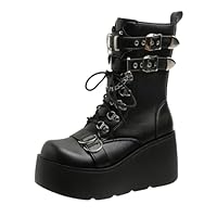 Gothic Boots Women UK, Womens Chunky Ankle Boots Goth Platform Wedge Booties with Side Zip Lace Up Round Toe Zipper High Heels Rave Buckle Combat Thick Sole Y2K Gothic Shoes for Ladies Girls Black