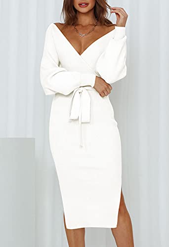 Pink Queen Womens V Neck Sweater Wrap Dresses Batwing Sleeve Elegant Holiday Bodycon Slit Maxi Long Knit Dress Belted White Xl #TOP2