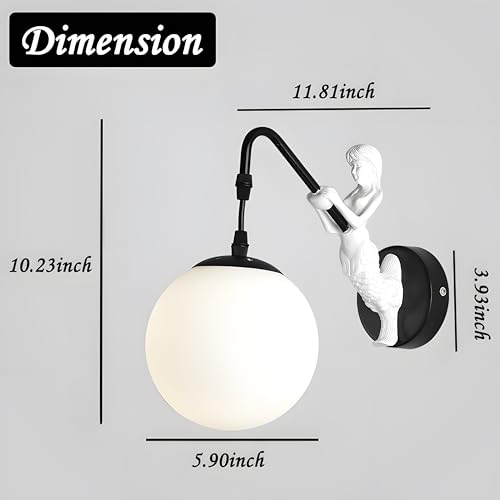 Image of Bofea-Modern Wall Sconces Mermaid Wall Light Fixtures Globe Bathroom Vanity Sconce Vintage Sconces Lighting with Milk Glass Shade & Resin Body Black Vintage Sconce for Hallway Foyer Lighting