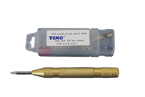 Image of TEMO M35 Cobalt Spiral Flute 12 Size Step Drill Unibit 3 /16 Inch to 7 /8 Inch Plus Auto Center Punch Set