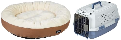 Image of AmazonBasics Two Door Top Load Pet Carrier, Small Size (1 Piece,19-inch) & AmazonBasics Polyester Round Bolster Pet Dog Bed - 20 x 6 Inches, Brown, Small Size