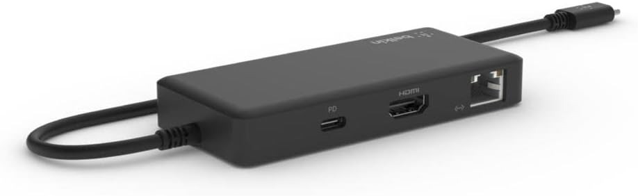 Belkin 5-in-1 Multiport Hub Adapter, angled view showing HDMI, USB-C PD, and Ethernet ports.
