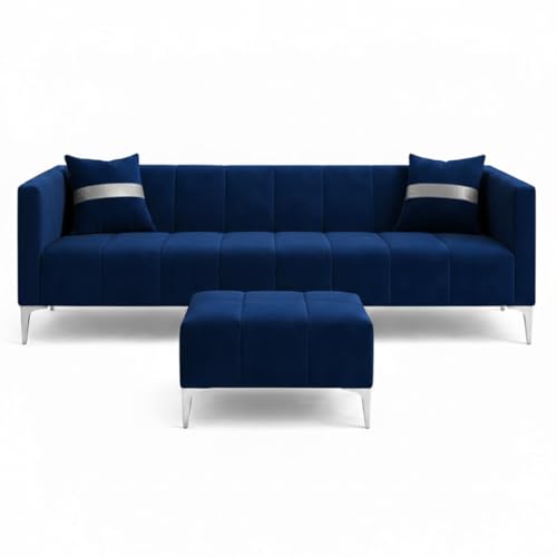 Image of Solomon 4 Seater L Shape Sofa Set with Movable Ottoman | Flexible Left or Right Layout | Luxe Velvet Suede Fabric | Comfortable Seating | Modern Sofa for Living Room - Dark Blue
