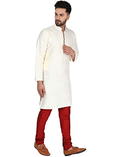 Image of SKAVIJ Men's Art Silk Woven Design Kurta Pajama Set Festive Jacquard 2-Piece Ethnic Dress