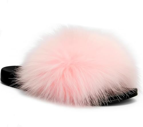 Image of Faux Fur Slides for Women, Fuzzy Slippers Fluffy Sandals Furry House Shoes Indoor Outdoor
