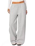 HeSaYep Women's Wide Leg Sweatpants Baggy Fleece Lined High Waisted Sweat Pants Straight Leg Casual Drawstring Pants with Pockets Grey M