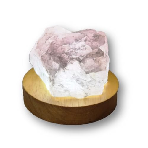 Edelsteinartikel Rosenquarz Rohstein auf Holzsockel, 400-500g, LED Beleuchtung, USB-Anschluss, 10cm Durchmesser, Naturstein Dekoration mit Warmweiß oder Warmkalt Licht (Kaltweiß)