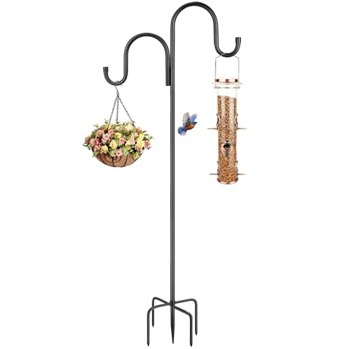 Image of 63 Inch Double Shepherds Hooks for Outdoor, Heavy Duty Bird Feeder Pole with 5 Prongs Base for Hanging Lantern, Hummingbird Feeder, Lightweight Plant, Shepherds Hook for Bird Feeders for Outside