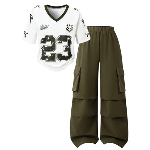 Image of Tween Girls Clothes Short Sleeve Graphic T-Shirt Top + Cargo Pants 2pcs Outfit Set, Size 7-15Years