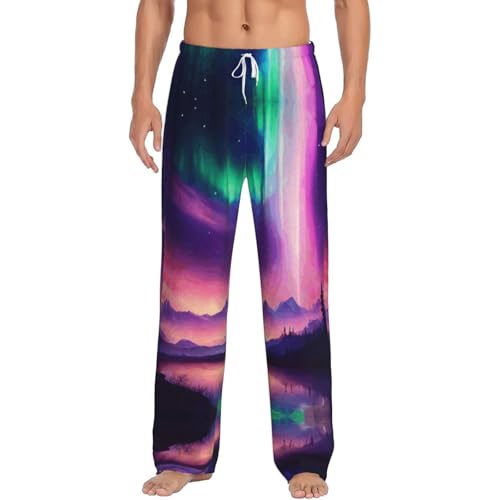 GFXEDSAH Pantalones de pijama de franela para hombre con estampado de auroras boreales oscuras, pijamas de Navidad, perfectos para relajarse en la cama y el sofá, Negro, L