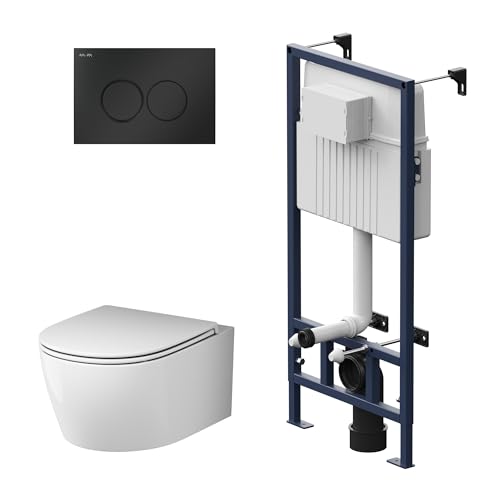 AM.PM - Hänge WC Komplettset, Vorwandelement WC Set Komplett Vormontiert (ProC) + Wand WC Weiß ohne Spülrand (X-Joy S) + Drückerplatte + WC-Sitz mit Absenkautomatik, Toilette Komplett Set
