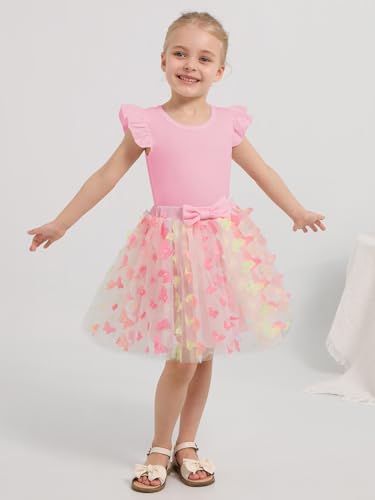 Image of Girls Tulle Skirt Set Kid Toddler Girl 2 Piece Outfits Ruffle Sleeve T-Shirt Bowknot Tutu Dress Birthday Party Outfit
