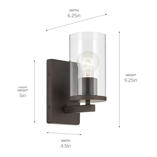 Image of Kichler Crosby 4.5 inch 1-Light Wall Sconce Bathroom Vanity Light Fixture with Clear Glass in Olde Bronze for Bathroom, Powder Room, Hallway, Kitchen, Bedroom (4.5 inch x 9.25 inch), 45495OZCLR