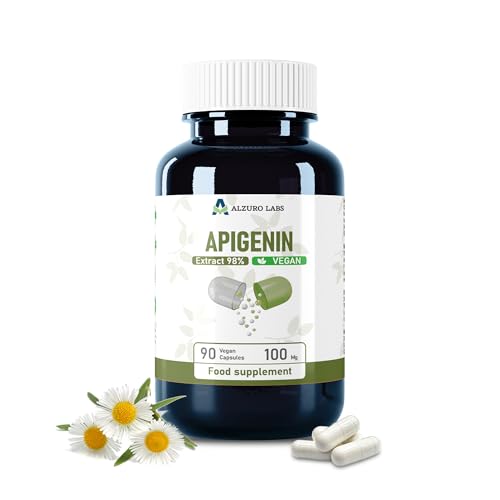 Alzuro Labs Apigenin 100 mg | 10.000 mg Äquivalent | Hochdosiert 100:1 Kamillen-Extrakt (Matricaria recutita) | 90 vegane Kapseln | Ruhe & Entspannung | GMP & von unabhängigem Labor geprüft