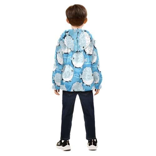 Blue Fish Pattern Pufferfish Toddler Fleece Jacket Girl Boys Hooded Fleece Jacket Coat Warm Outwear Zip-up 3-10T4