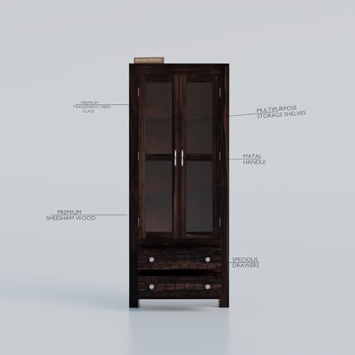 Image of Sheesham Wood Bookshelf with Glass Door for Home Library Solid Wood Bookcase Wooden Crockery Cabinet for Kitchen Book Shelf (Walnut Finish)