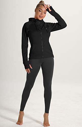 icyzone Damen Sportjacke Laufjacke voll Zip Trainingsjacke mit Kapuze, Fitness Hoodie Langarm Shirt im Winter (L, Schwarz)
