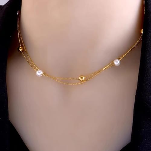 Collier de perles tendance chaîne de clavicule douce double couche dorée - 4