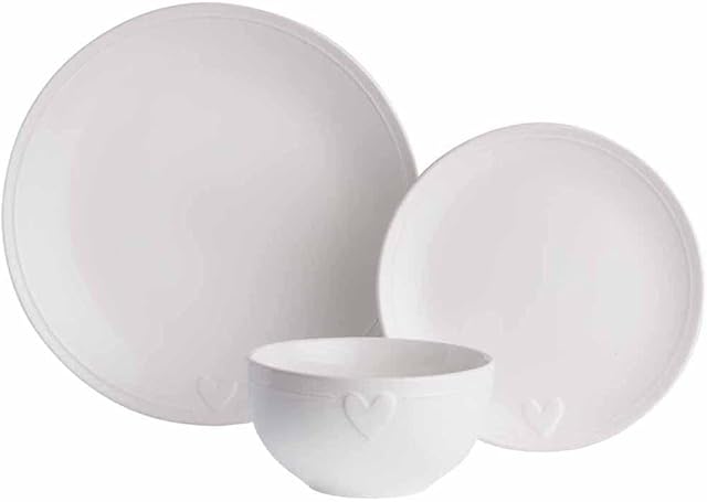 wilko Cream Embossed Heart Dinner Set 12pc, Stoneware Microwave and Dishwasher Safe Dinner Set, 33.0cm h x 20.5cm w x 30.0cm d