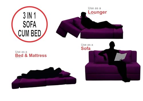 Image of PUM PUM 2-Seater Sofa Cum Bed | EPE Foam Foldable Couch with Velvet Fabric & Washable Cover | Convertible Sofa Bed for Home, Living Room & Office Guests | 3 x 6 Ft (Purple)