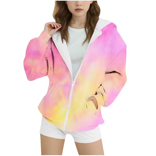 Girls Oversized Hoodies Tie Dye Zip Up Sweatshrits Loose Fit Casual Hooded Jacket with Pockets Fall Outwear Coat