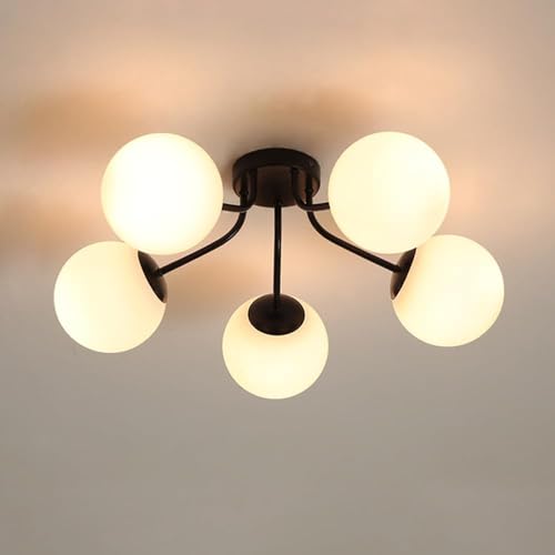 Image of Prop It Up Modern Globe Ceiling Light, 5-Light Semi Flush Mount, Black Metal Frame with White Glass Shades, Without Bulb