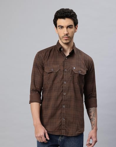 Image of Majestic Man Men's Pure Cotton Cargo Checkered Shirt with Dual Flap Pockets - Slim Fit | Full Sleeve | Casual Wear | Trendy & Comfortable