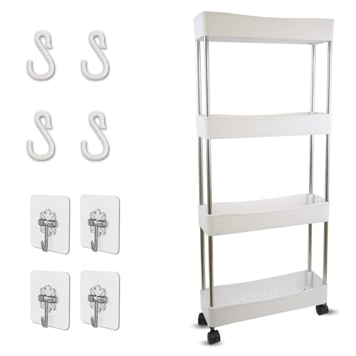 Ph Pro Heat Carrito Auxiliar Baño con Ruedas 4 Alturas + 4 Ganchos Adhesivos + 4 Ganchos para el Carro | Carro Estrecho Organizador 38x13x87.