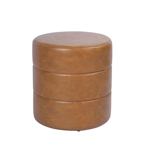 Image of HomePop 18 inch Round Ottoman - Camel Brown Faux Leather