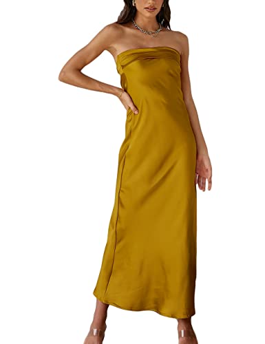 Realtix Satin Silk Backless Tube Tops Maxi Dress for Women Low Back Hollow Out Elegant Strapless Long Dresses Wedding Guest Gold
