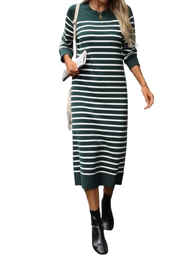 Image of Long Sweater Dress for Women Loose Knitwear Striped Long Dresses Stylish Autumn and Winter Outfits
