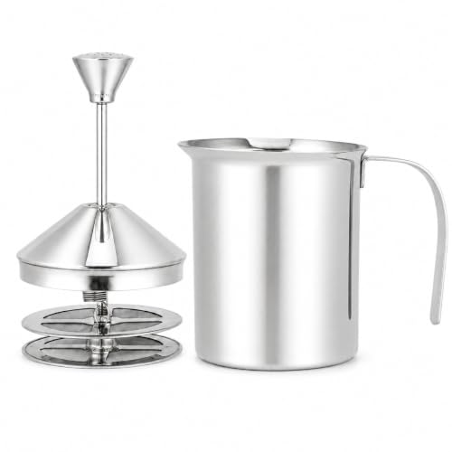 Cabilock 800ml Manual Milk Frother Stainless Steel Hand Pump Milk Foamer with Double Mesh Screen Non Electric Frothing Pitcher for Coffee Latte Cappuccino Matcha and Hot Chocolate