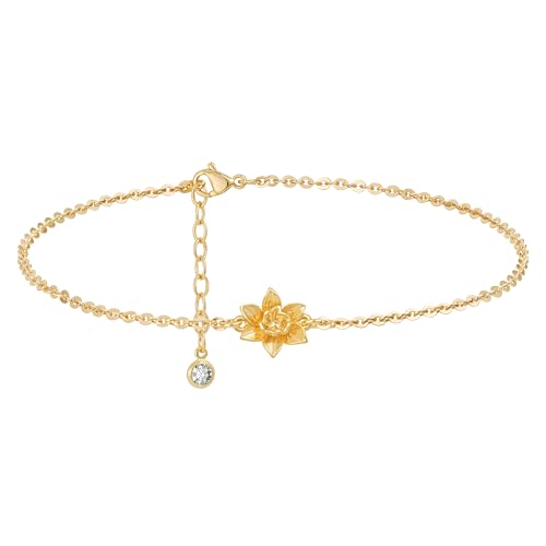MYEARS Birth Flower Bracelet for Women Gold Sideways Charm March Daffodil 14K Simple Dainty Chain Floral Jewelry Gift