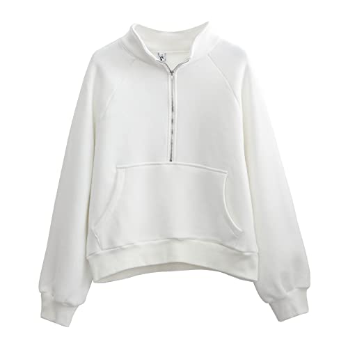 Saeklia Womens Casual Half Zip Up Pullover Hoodies Fleece Lined Collar Sweatshirts Long Sleeve Drop Shoulder Tops With Pocket - White Xxl #TOP4