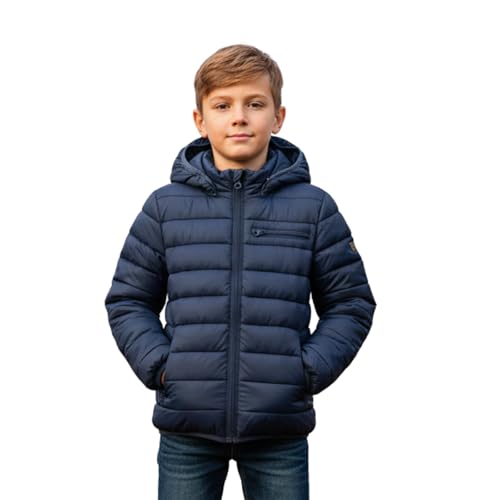 Miyanuby Chaqueta acolchada ligera unisex para niños, abrigo de burbujas plegable con bolsillos con cremallera, con capucha, para adolescentes de 9 a 16 años, azul marino, 13-14 Years