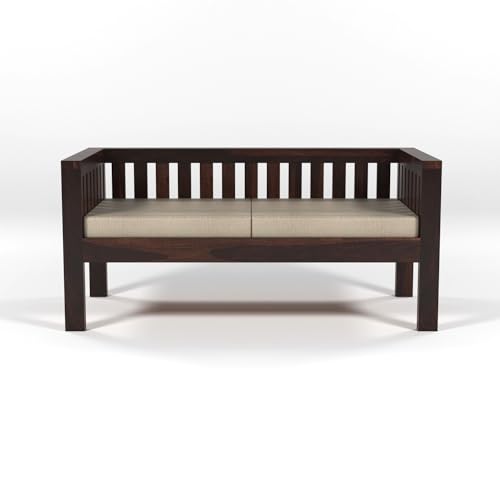 Image of Sheesham Wood 4 Seater Low Height Sofa Set for Living Room | 4 Seater Sofa Set | Wooden Sofa Set | Beige Cushion (2+2, Walnut Finish)