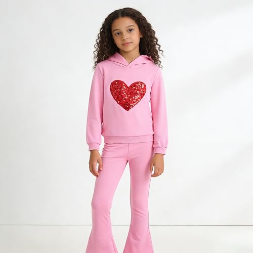 Image of 6-13 Years Girls Clothing Heart Print Hoodie Top + Heart Print Flare Leg Pants 2PC Clothing Set