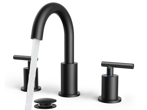 FORIOUS Black Bathroom Faucet 3 Hole, 8 Inch Matte Black Bathroom Sink Faucet Widespread with 360° Swivel Spout, Suitable for 6-12 Inch Vanity Sink, with Pop-up Drain and cUPC Supply Line
