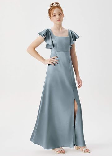 Junior Girls Bridesmaid Dress for Wedding Satin Short Sleeve Flower Girl Dresses for Teen with Slit JR0023