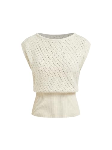 Image of CIDER Summer Short Sleeve Crop Sweater Vest Women Boat Neck Cut Out Tops | Cinched Waist, Light Weight, Ribbed Knit Tops, Hollow Out Crochet Vest, Going Out Trendy Tee