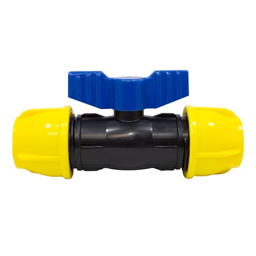 S&M 738012 – Llave de Esfera con Bocas Iguales de Ø 25 mm | Rácor de Polietileno de Color Amarillo y Negro | Enlace con válvula de Apertura y Cierre para tuberías de riego de 25 mm, Apto Alta presión