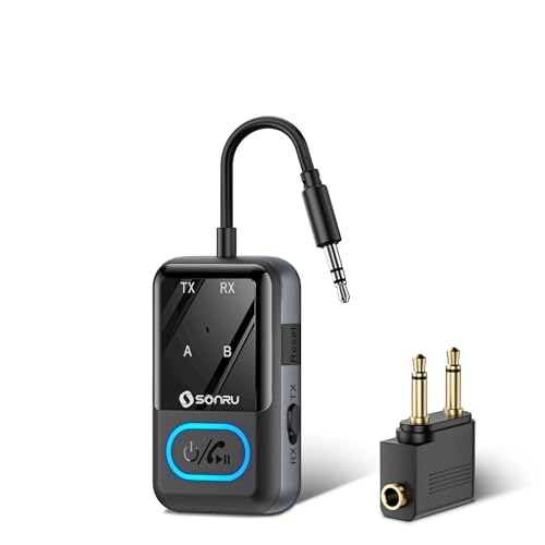 SONRU Bluetooth 5.3 Transmitter Adapter for Airplane 2-in-1 Wireless Bluetooth Audio Transmitter Receiver for 3.5mm Aux Jacks on Flight/TV/Gym Equipment, for up to 2 Wireless Headphones, Cell Phones