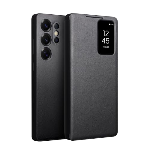 Hondeepest Genuine Leather Smart Case for Samsung Galaxy S25 Ultra Light Phone Cover with Smart View Case for S25 Ultra(Only for S25 Ultra Black)